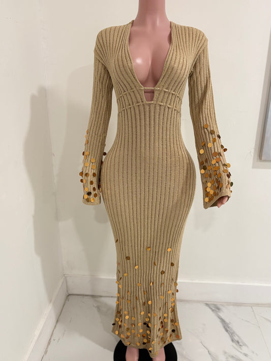 Solstice Glow Knit Sequin Maxi Dress Gold
