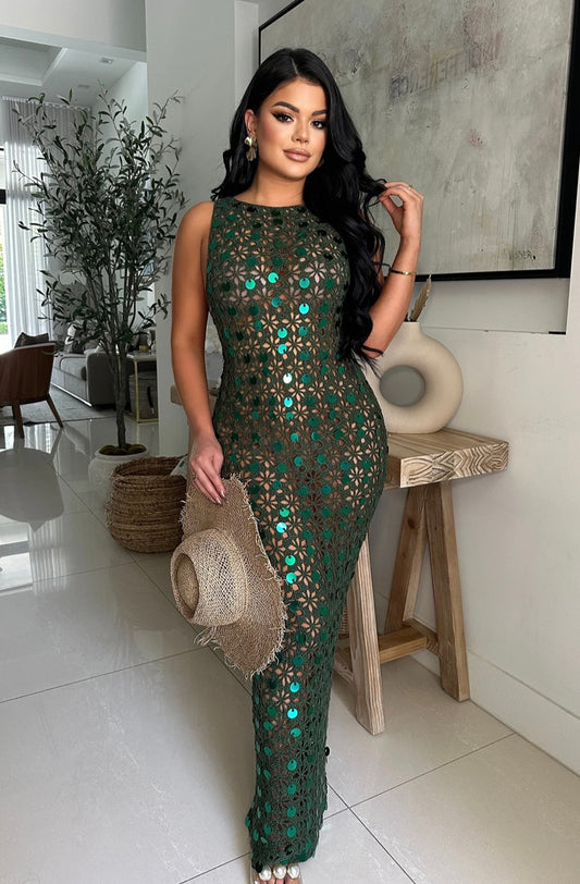 Floral Crochet Sequin Maxi Dress Green