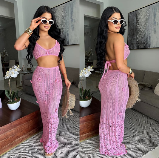 Rosé Knit Floral Crochet Skirt Set Pink