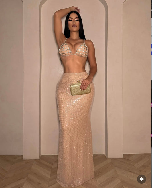 Lalo Rhinestone Skirt Set Nude