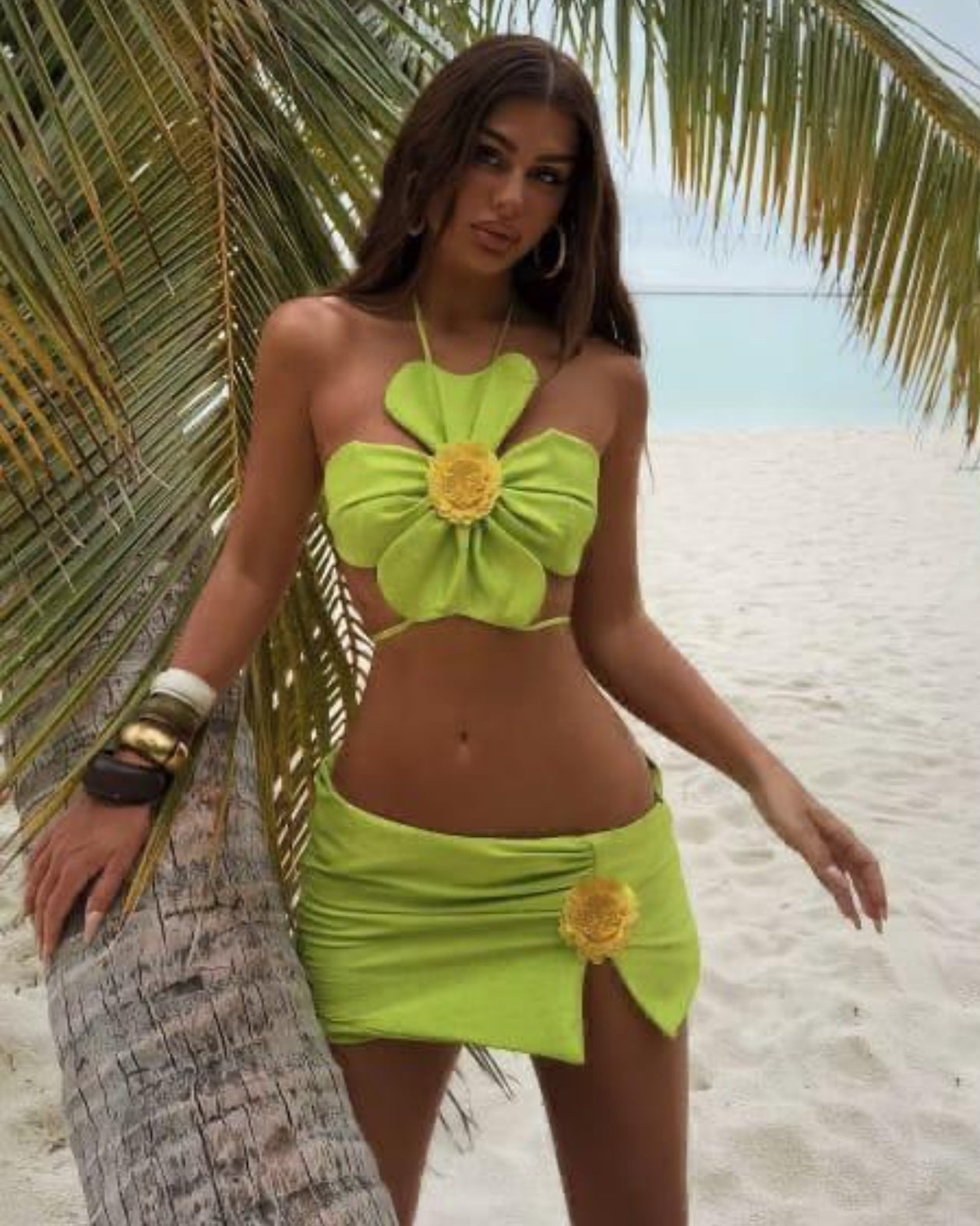 Petal Play Floral Ruched Bikini Set Green