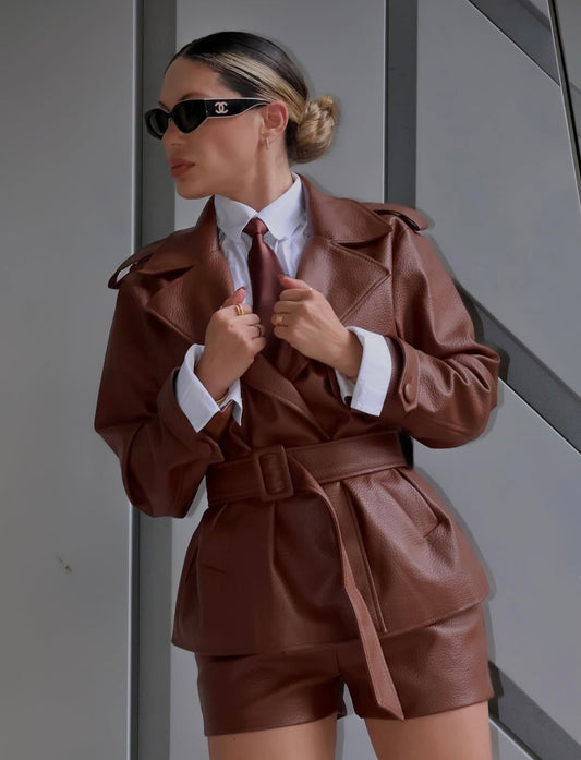 Rogue Muse Faux Leather Short Set Brown