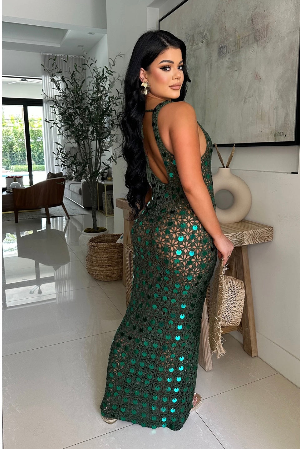 Floral Crochet Sequin Maxi Dress Green