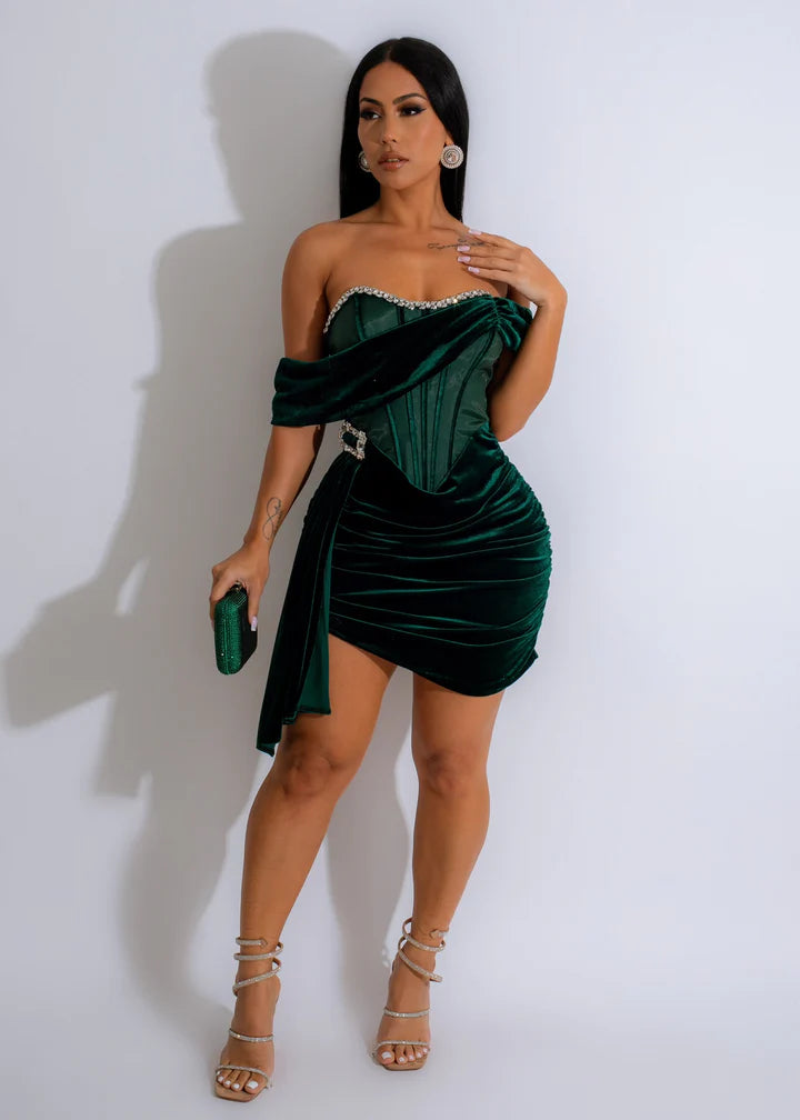 I Need You Velvet Rhinestones Mini Dress Green