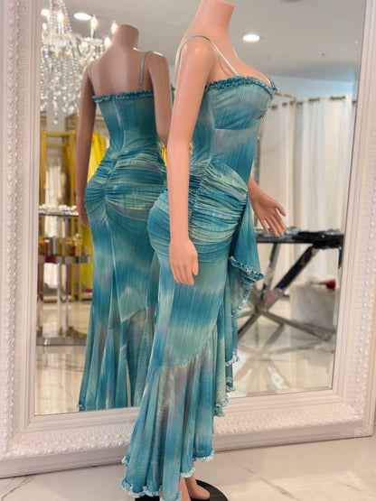 Diferente Mesh Ruched Maxi Dress Blue