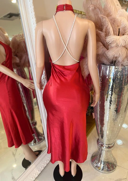 Luminous Drift Pearl Satin Maxi Dress Red