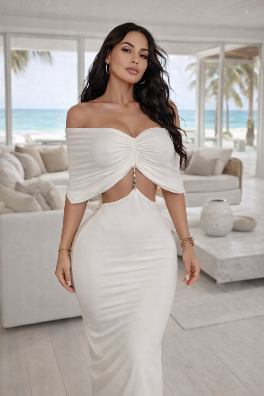 Moonlit Allure Ruched Maxi Dress White