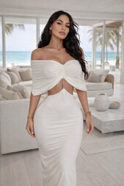 Moonlit Allure Ruched Maxi Dress White
