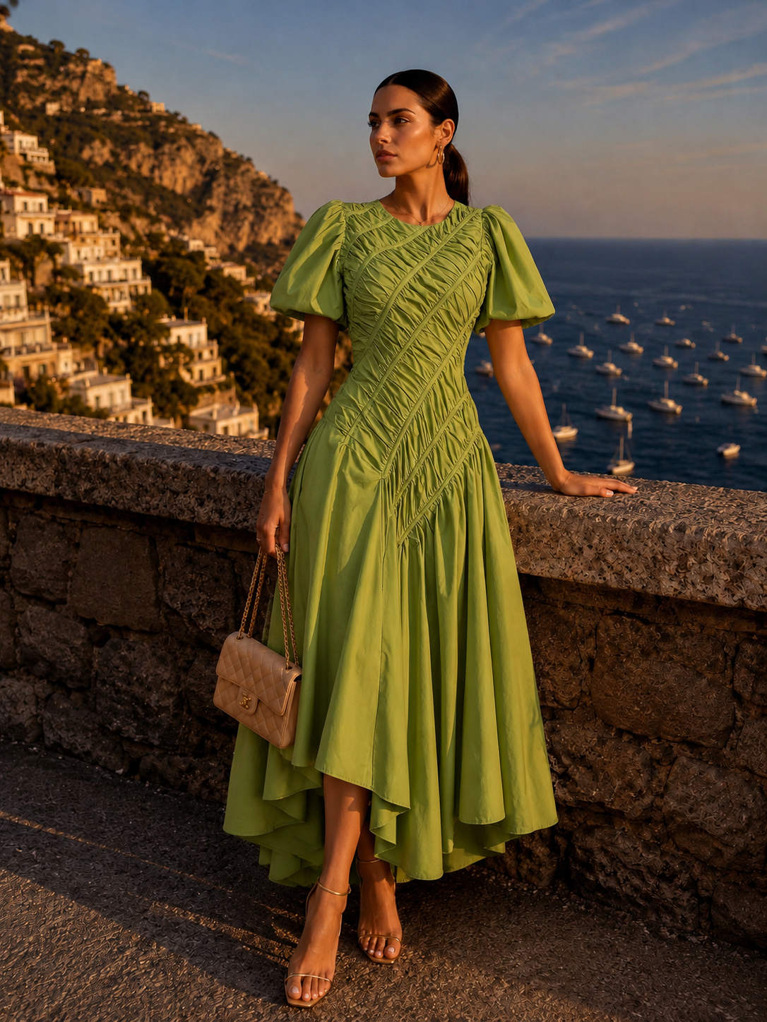 Petals Ruched Maxi Dress Green