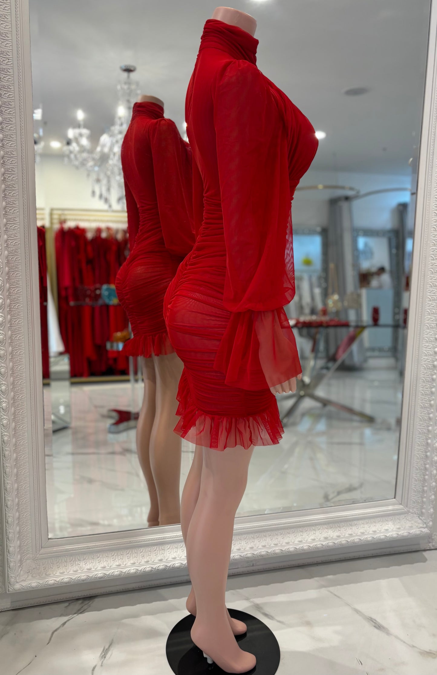 Thinkin About Us Mesh Ruched Mini Dress Red