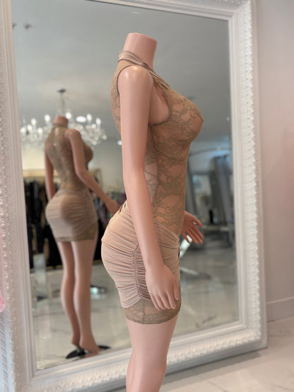 Glasshouse Muse Lace Ruched Mini Dress Nude