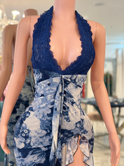 The Scarlet Bloom Ruched Lace Floral Maxi Dress Blue