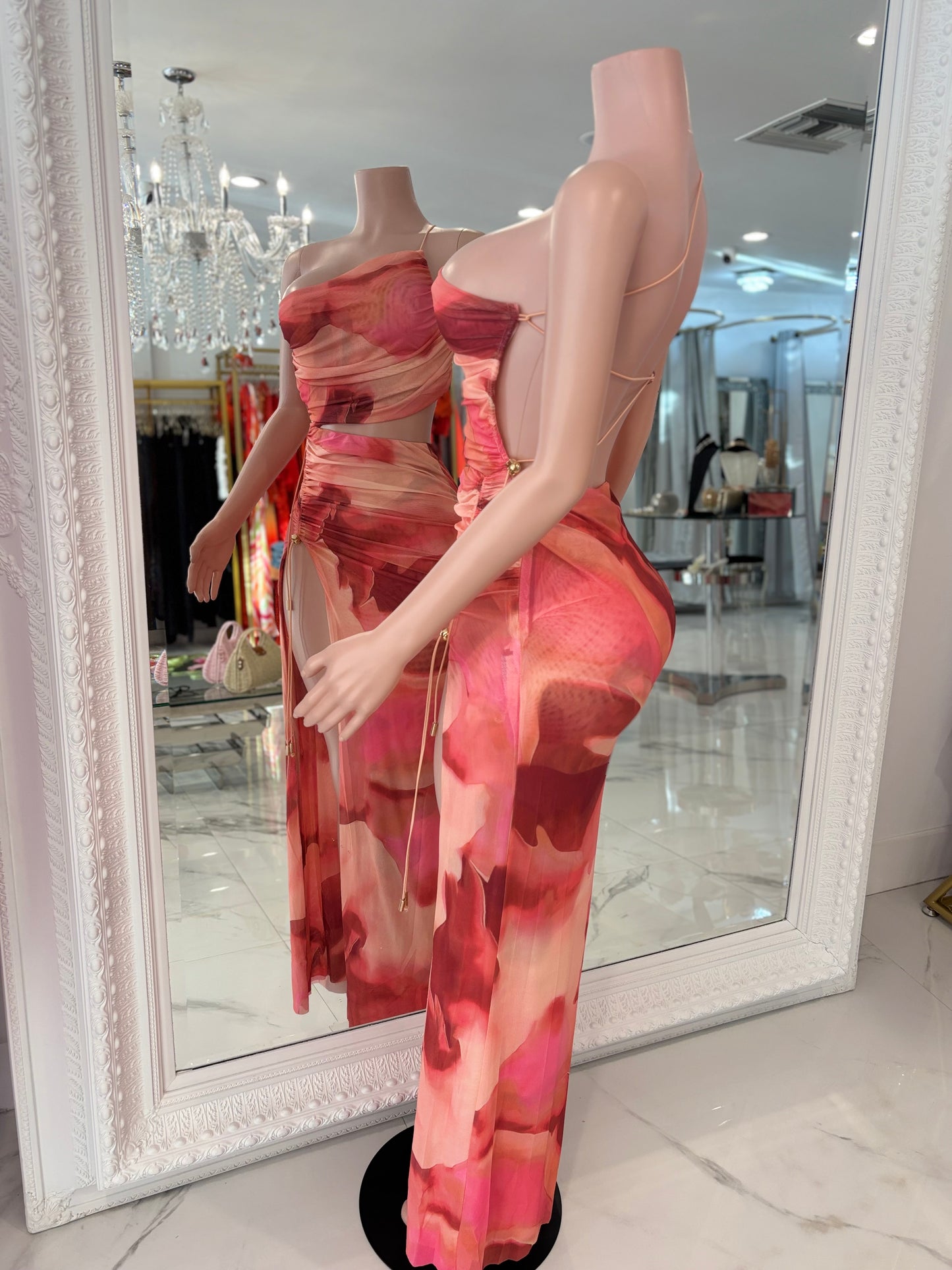 Ember Rush Mesh Ruched Maxi Dress Orange