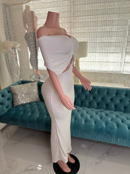 Moonlit Allure Ruched Maxi Dress White