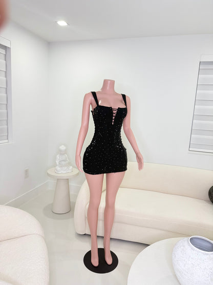 Queen Rhinestones Mini Dress Black