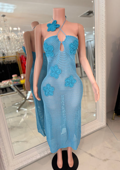 Seafoam Garden Floral Crochet Maxi Dress Blue