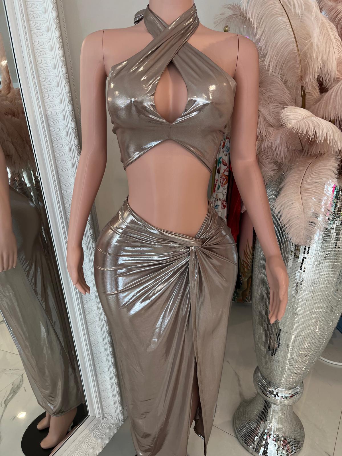 Metallic Skirt Set Nude