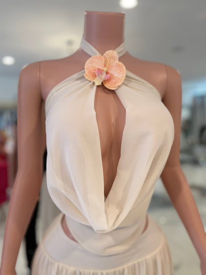 Fleur Drape Floral Ruched Pant Set Nude