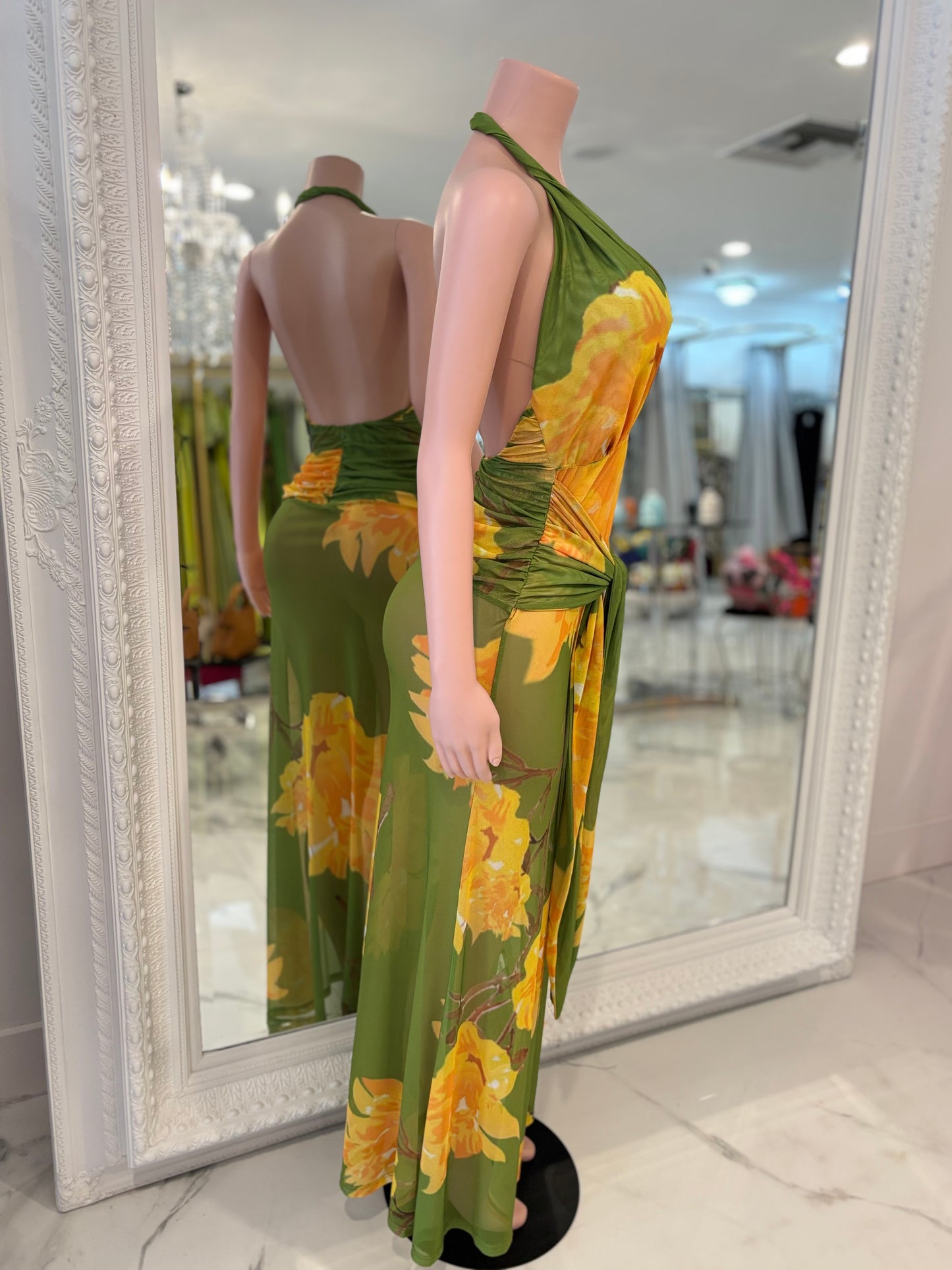 Bloomed Allure Floral Ruched Mesh Maxi Dress Green