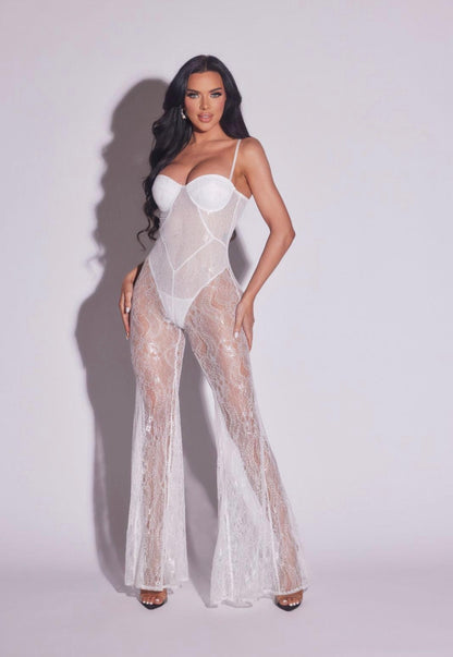 The Eclipse Lace Mesh Jumpsuit white