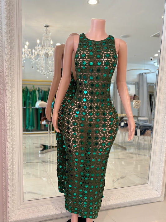 Floral Crochet Sequin Maxi Dress Green