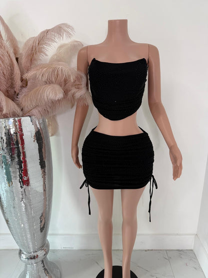 Deny Glow Ruched Rhinestones Skirt Set Black