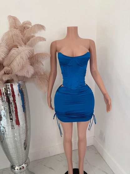 Aurora Luxe Satin Ruched Skirt Set Blue