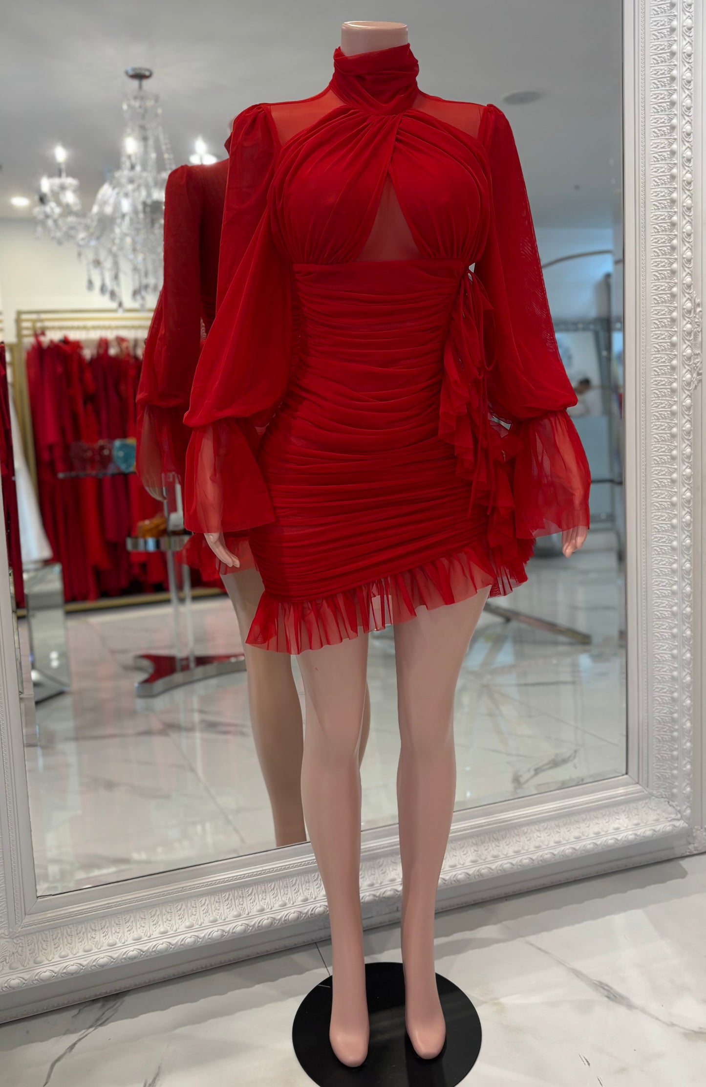 Thinkin About Us Mesh Ruched Mini Dress Red