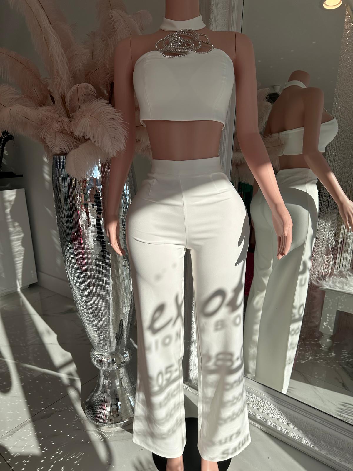 Divina Rose Diamond Pant Set White