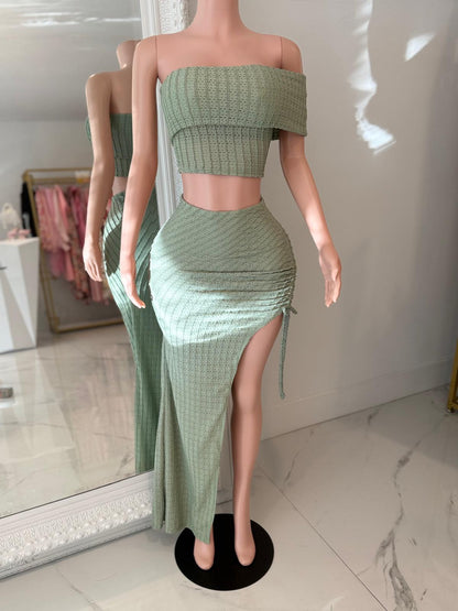 Romance Ruched Skirt Set Green