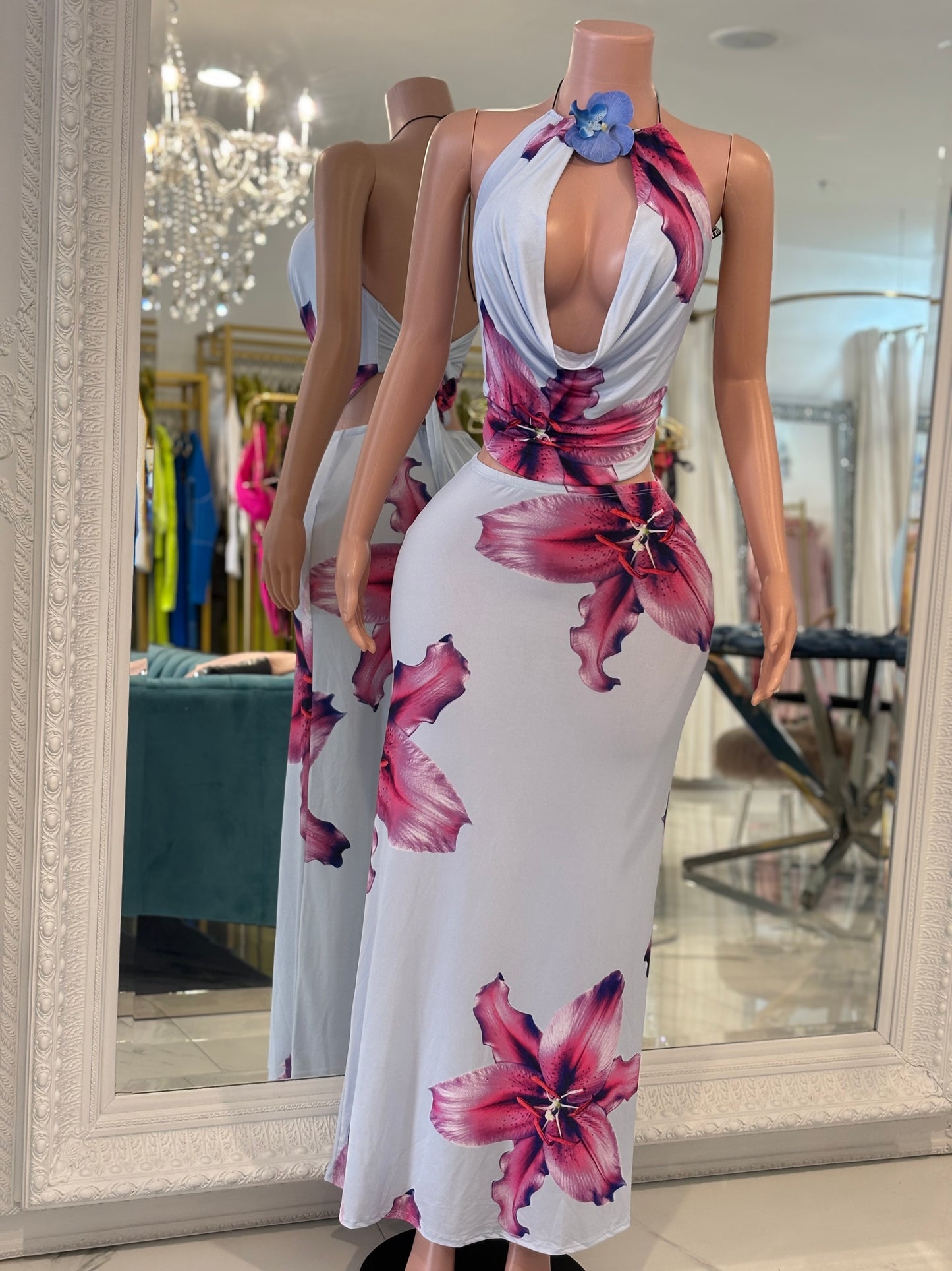 Sultry Summer Floral Skirt Set Blue