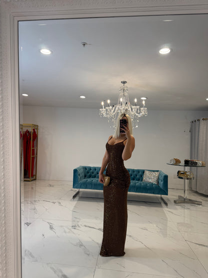 Goddess Sway Rhinestones Ruched Maxi Dress Brown