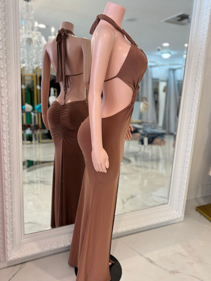 Dark Seduction Ruched Maxi Dress Brown