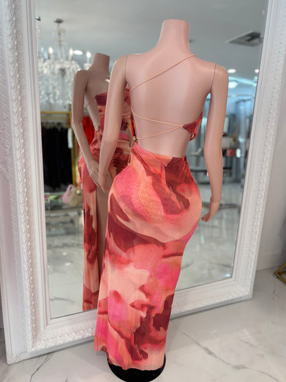 Ember Rush Mesh Ruched Maxi Dress Orange
