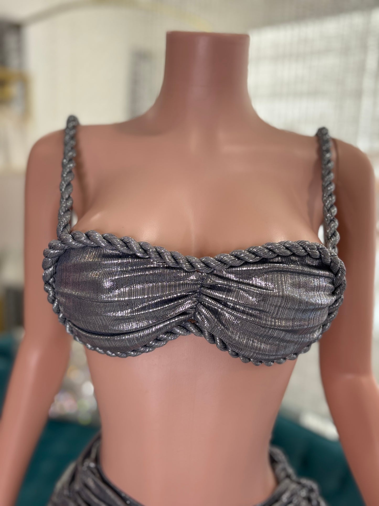 Ruched Metallic Skirt Set Silver