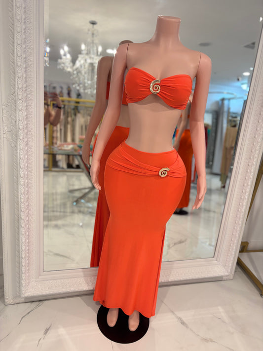Sol Spiral Ruched Skirt Set Orange