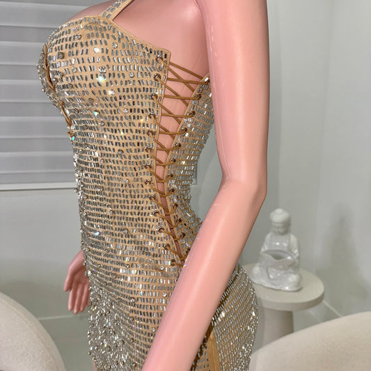Queen Rhinestones Mini Dress Nude