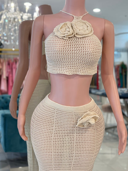 Bella Crochet Skirt Set Nude