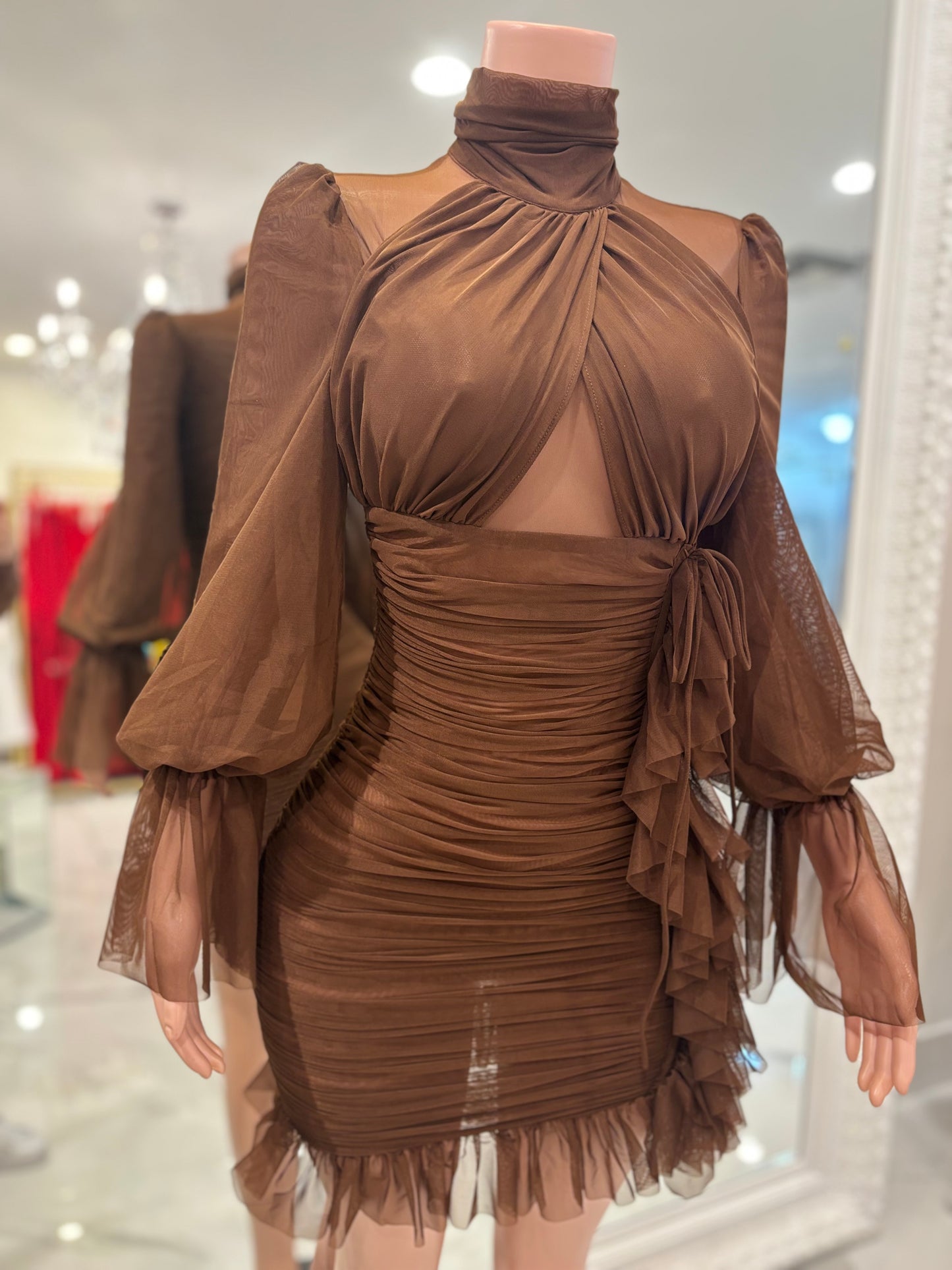 Thinkin About Us Mesh Ruched Mini Dress Brown