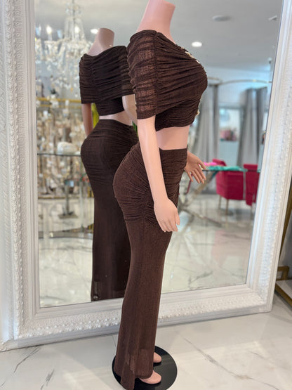 Linked Desire Mesh Ruched Skirt Set Brown