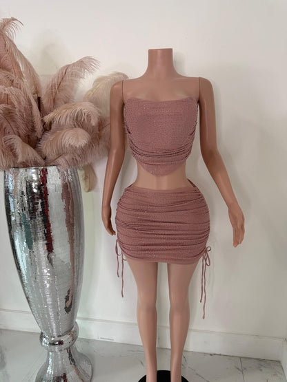 Deny Glow Ruched Rhinestones Skirt Set