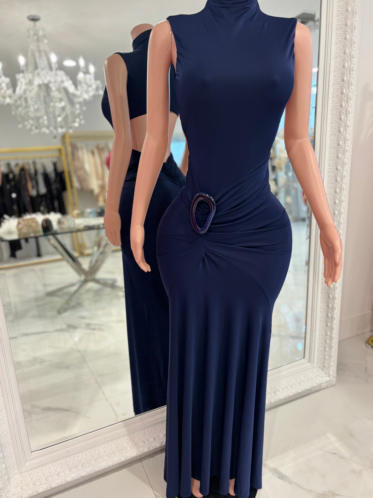 Midnight Trace Ruched Maxi Dress Navy Blue