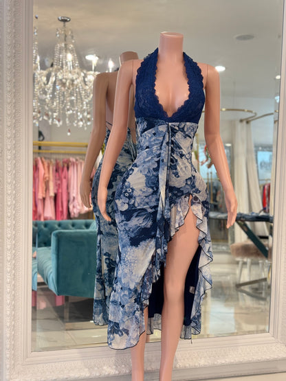 The Scarlet Bloom Ruched Lace Floral Maxi Dress Blue