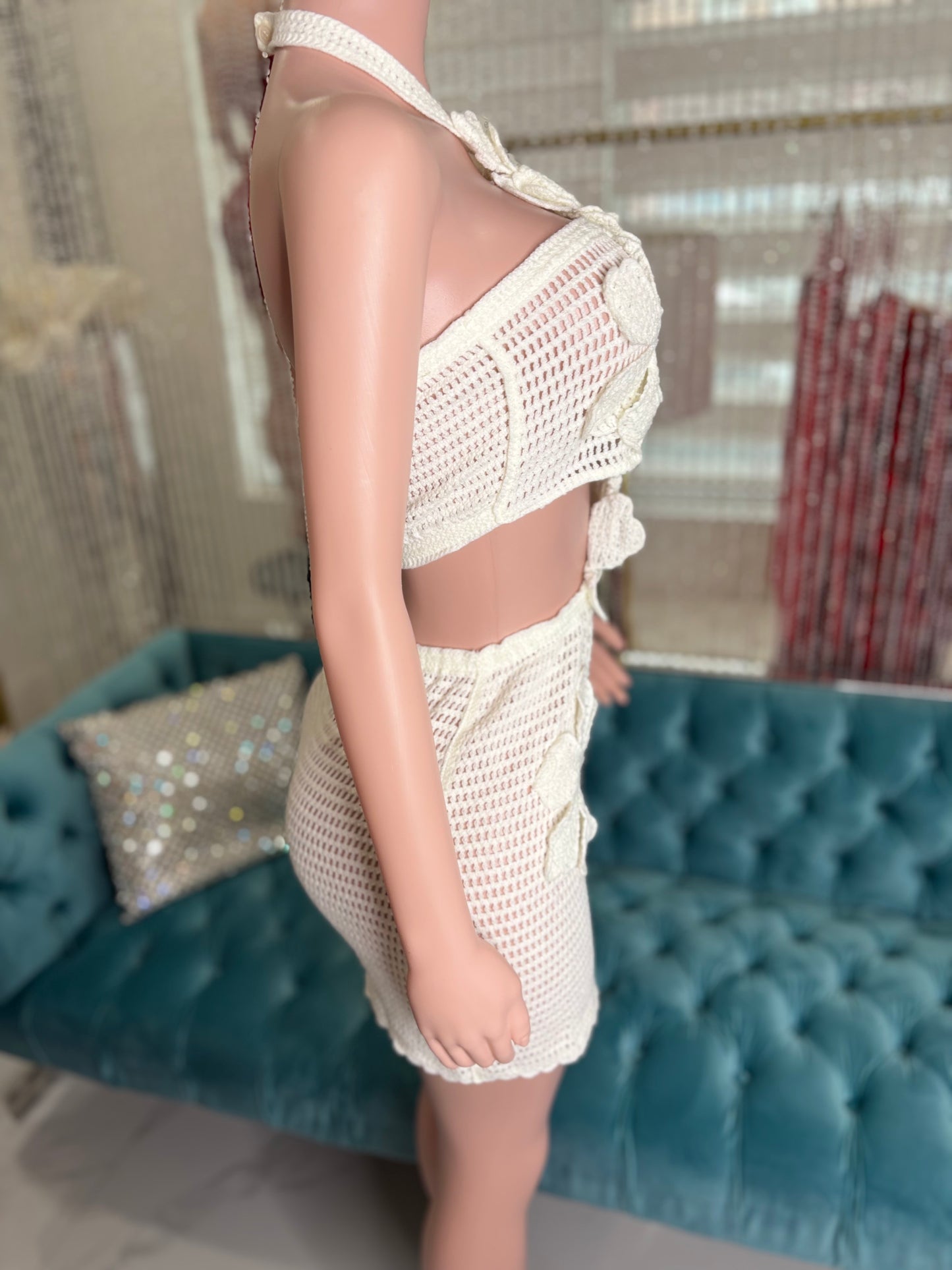 Lune Blanche Floral Crochet Mini Dress White