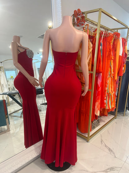 Lumina Cascade Rhinestone Ruched Maxi Dress