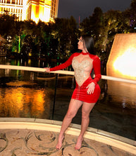 Luminous Design Mesh Rhinestones Mini Dress Red