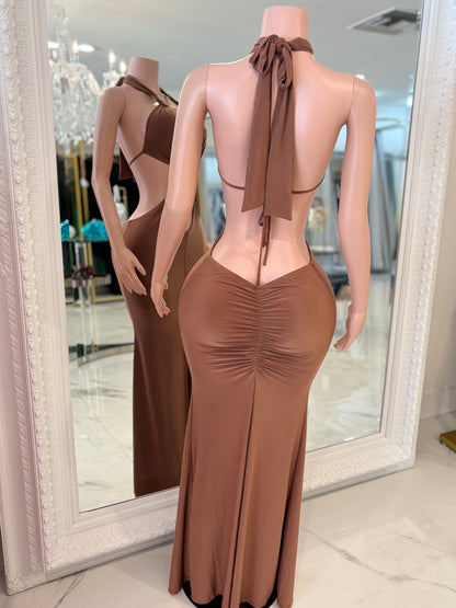 Dark Seduction Ruched Maxi Dress Brown