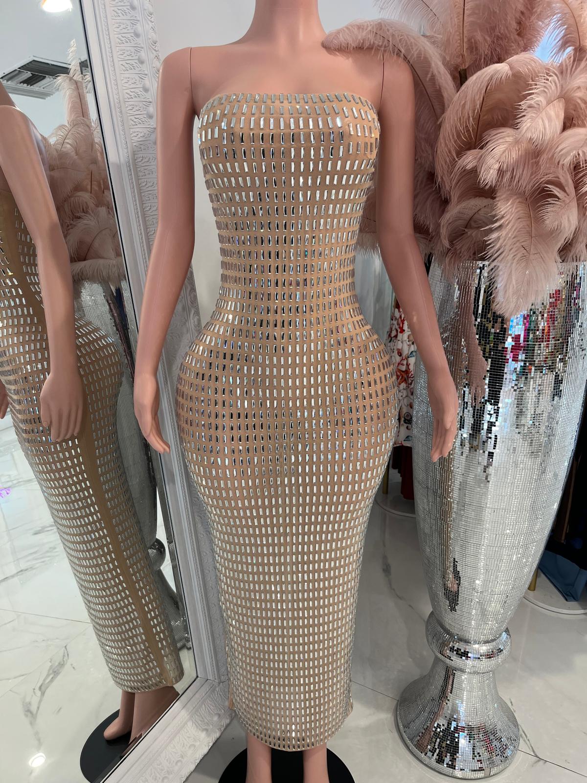 Golden  Mesh Rhinestone Maxi Dress Nude