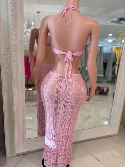 Rosé Knit Floral Crochet Skirt Set Pink