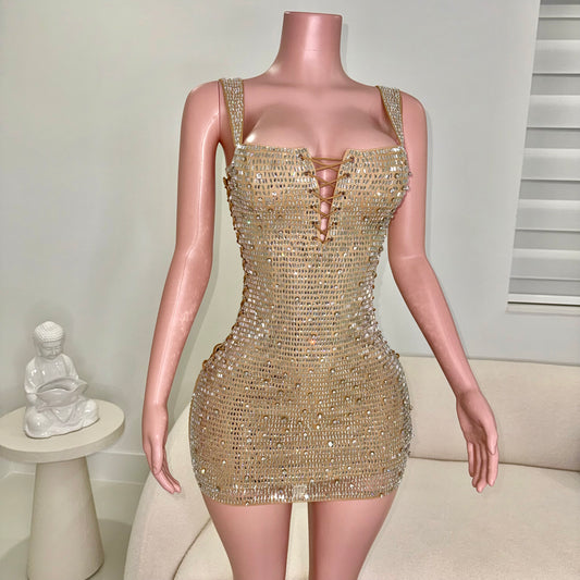 Queen Rhinestones Mini Dress Nude